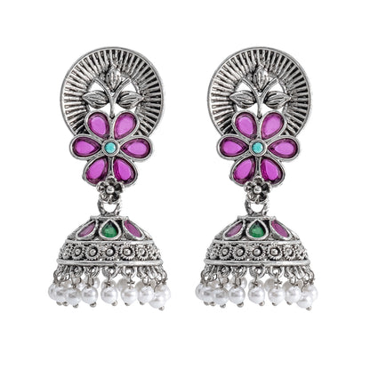 Traditional Indian Matte Silver Oxidised CZ Crystal Studded Flower Jhumka Earring For Women - Silver Black (SJE_116_S_BK)