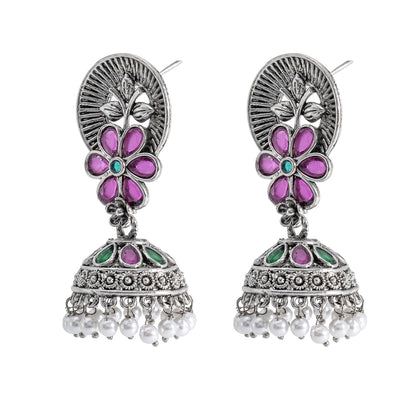 Traditional Indian Matte Silver Oxidised CZ Crystal Studded Flower Jhumka Earring For Women - Silver Black (SJE_116_S_BK)