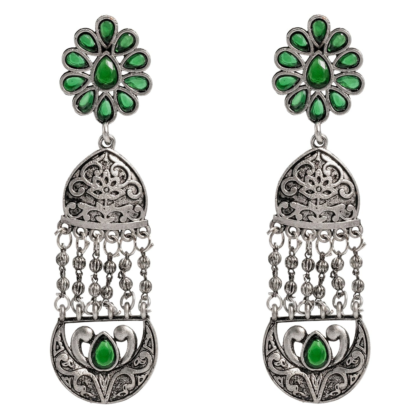 Shining Jewel Traditional Indian Matte Silver Oxidised CZ, Crystal Studded Temple Jhumka Earring For Women - Silver Green (SJE_117_S_G)