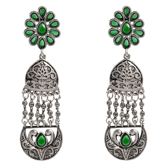 Shining Jewel Traditional Indian Matte Silver Oxidised CZ, Crystal Studded Temple Jhumka Earring For Women - Silver Green (SJE_117_S_G)