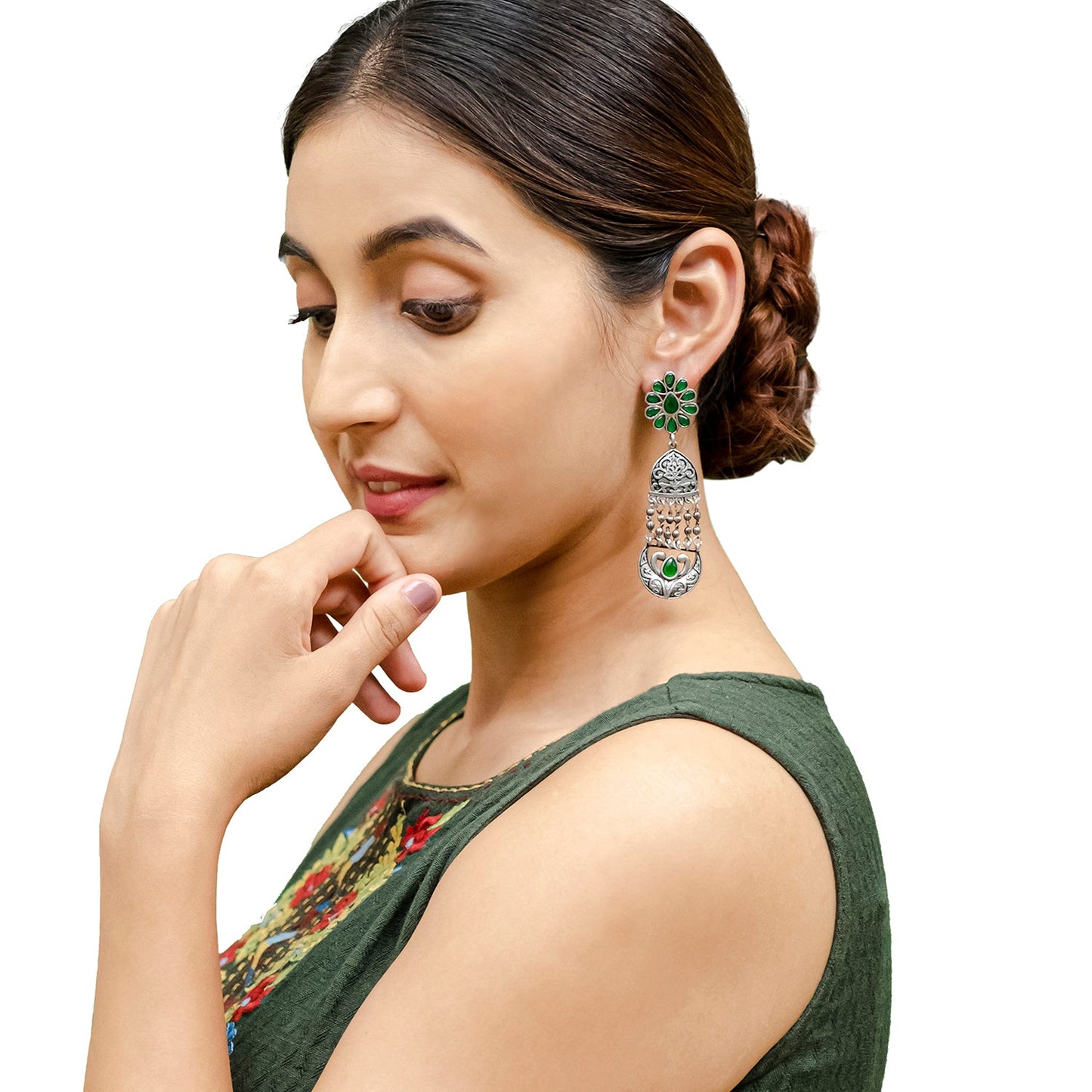 Shining Jewel Traditional Indian Matte Silver Oxidised CZ, Crystal Studded Temple Jhumka Earring For Women - Silver Green (SJE_117_S_G)