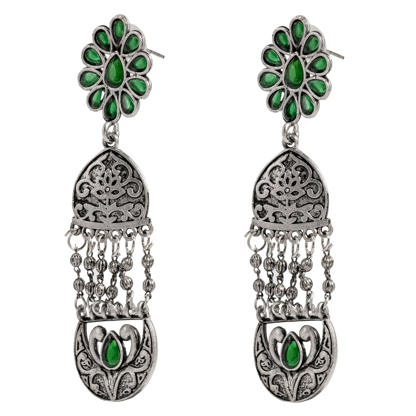 Shining Jewel Traditional Indian Matte Silver Oxidised CZ, Crystal Studded Temple Jhumka Earring For Women - Silver Green (SJE_117_S_G)