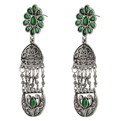 Shining Jewel Traditional Indian Matte Silver Oxidised CZ, Crystal Studded Temple Jhumka Earring For Women - Silver Green (SJE_117_S_G)