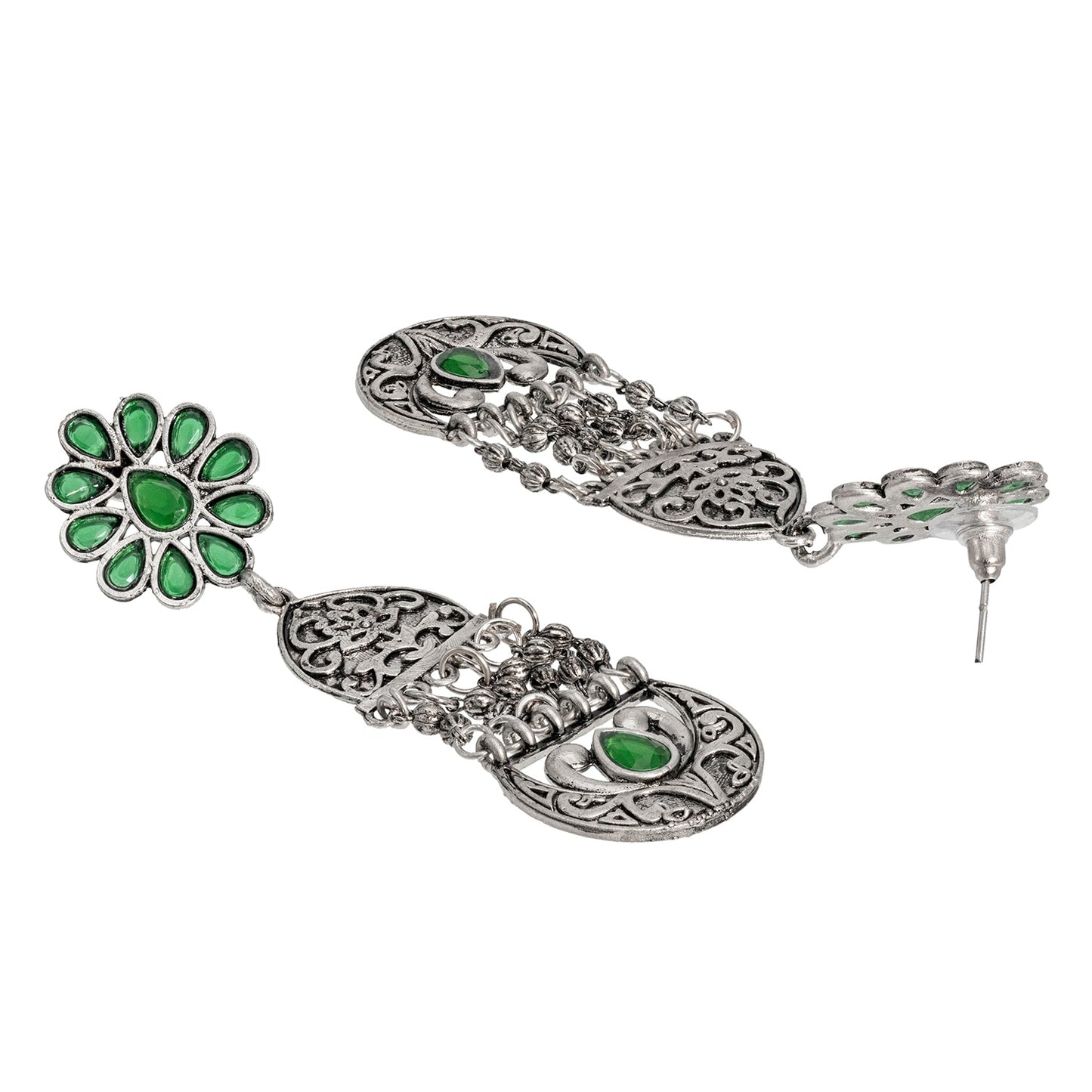 Shining Jewel Traditional Indian Matte Silver Oxidised CZ, Crystal Studded Temple Jhumka Earring For Women - Silver Green (SJE_117_S_G)