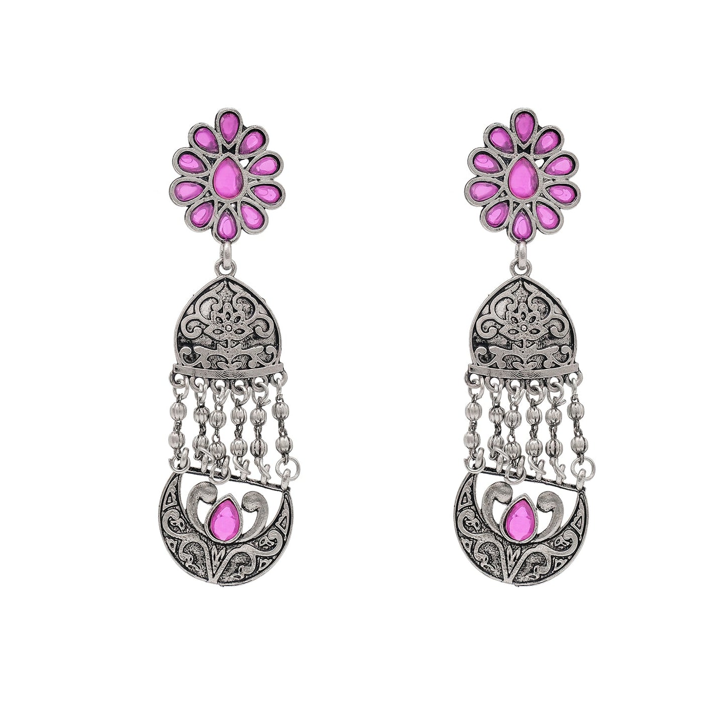 Shining Jewel Traditional Indian Matte Silver Oxidised CZ, Crystal Studded Temple Jhumka Earring For Women - Silver Maroon (SJE_117_S_M)