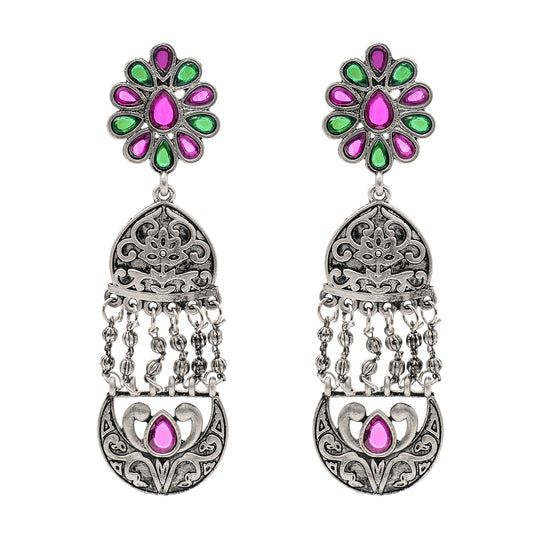 Shining Jewel Traditional Indian Matte Silver Oxidised CZ, Crystal Studded Temple Jhumka Earring For Women - Silver Ruby Greeen (SJE_117_S_R_G)