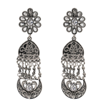 Shining Jewel Traditional Indian Matte Silver Oxidised CZ, Crystal Studded Temple Jhumka Earring For Women - Silver White (SJE_117_S_W)