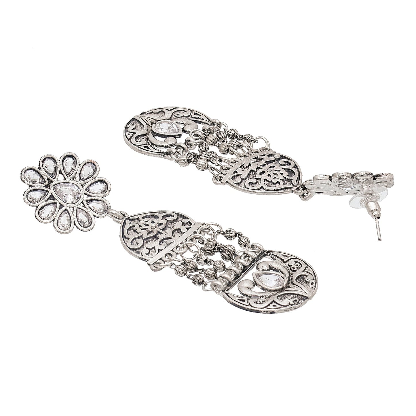 Shining Jewel Traditional Indian Matte Silver Oxidised CZ, Crystal Studded Temple Jhumka Earring For Women - Silver White (SJE_117_S_W)