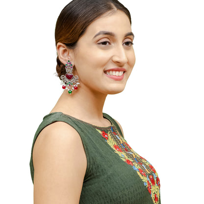 Traditional Indian Matte Silver Oxidised CZ Crystal Studded Drop Earring For Women - Silver Ruby Green (SJE_118_S_R_G)