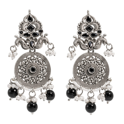 Traditional Indian Matte Silver Oxidised CZ Crystal Studded Drop Earring For Women - Silver Maroon (SJE_119_S_M)