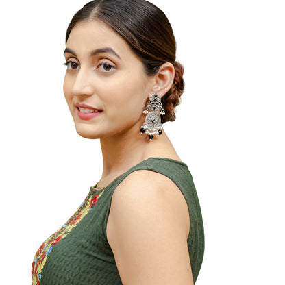 Traditional Indian Matte Silver Oxidised CZ Crystal Studded Drop Earring For Women - Silver Maroon (SJE_119_S_M)