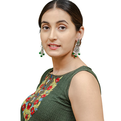 Traditional Indian Matte Silver Oxidised CZ Crystal Studded Drop Earring For Women - Silver Green (SJE_119_S_G)