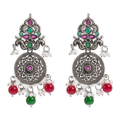 Traditional Indian Matte Silver Oxidised CZ Crystal Studded Drop Earring For Women - Silver Maroon (SJE_119_S_M)