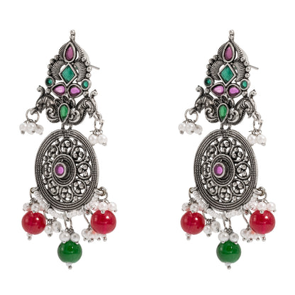 Traditional Indian Matte Silver Oxidised CZ Crystal Studded Drop Earring For Women - Silver Maroon (SJE_119_S_M)