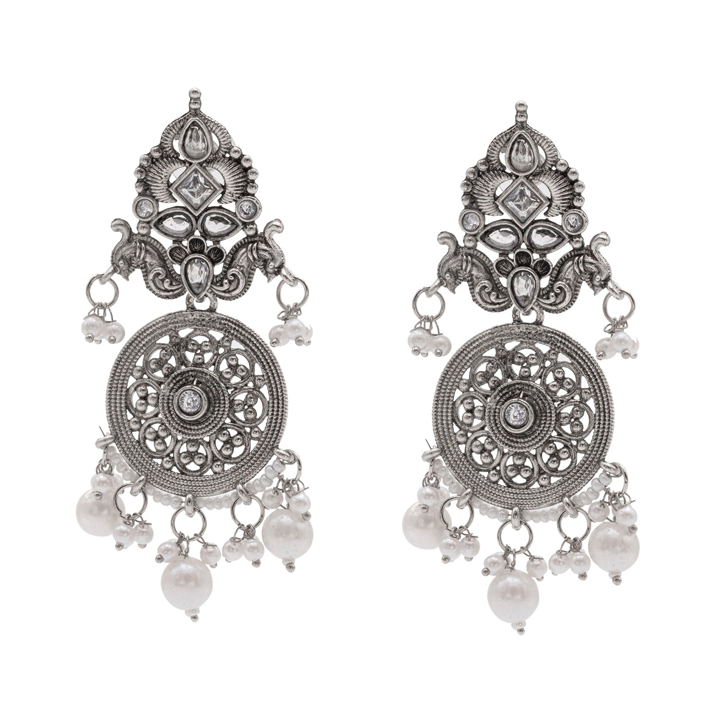 Traditional Indian Matte Silver Oxidised CZ Crystal Studded Drop Earring For Women - Silver Maroon (SJE_119_S_M)