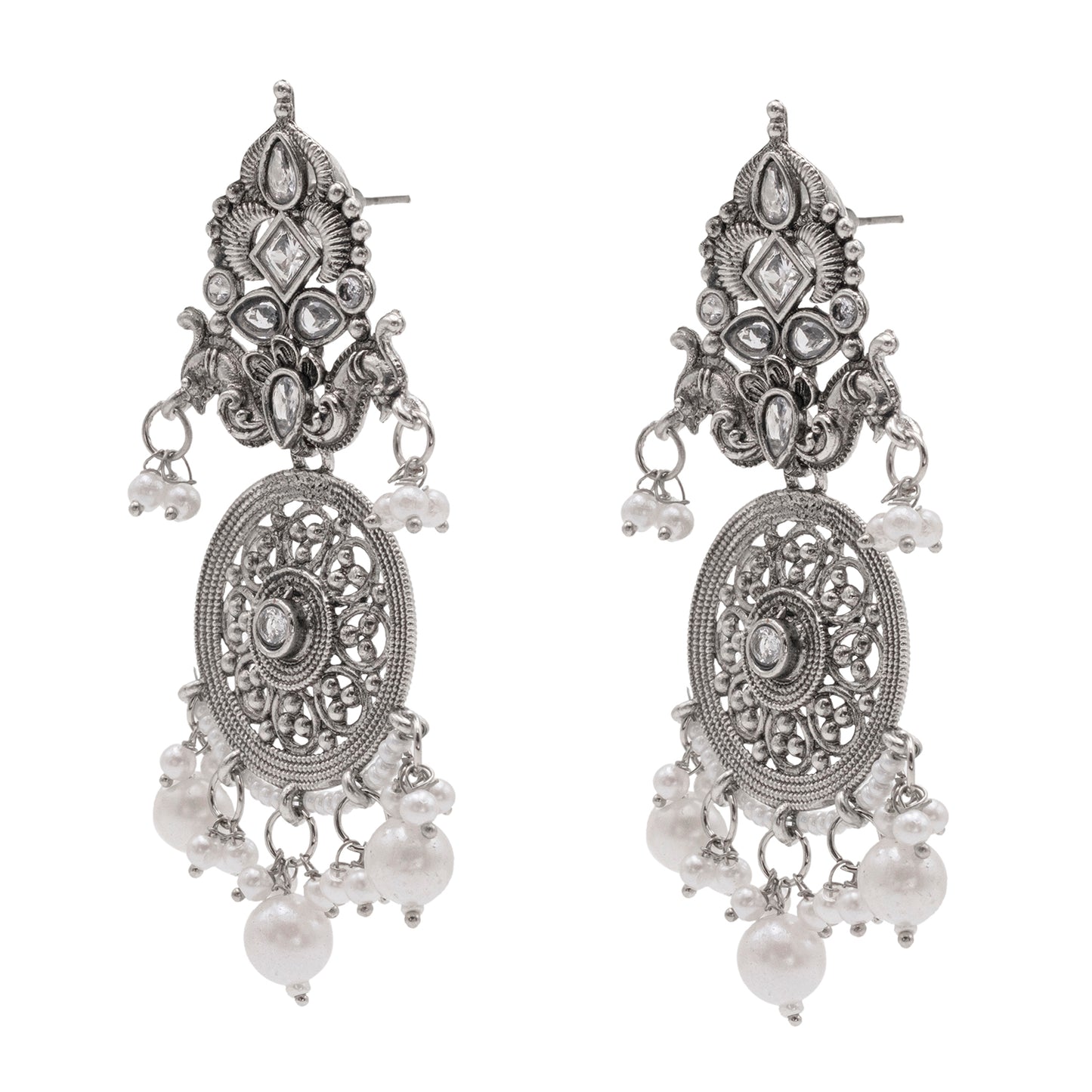 Traditional Indian Matte Silver Oxidised CZ Crystal Studded Drop Earring For Women - Silver Maroon (SJE_119_S_M)