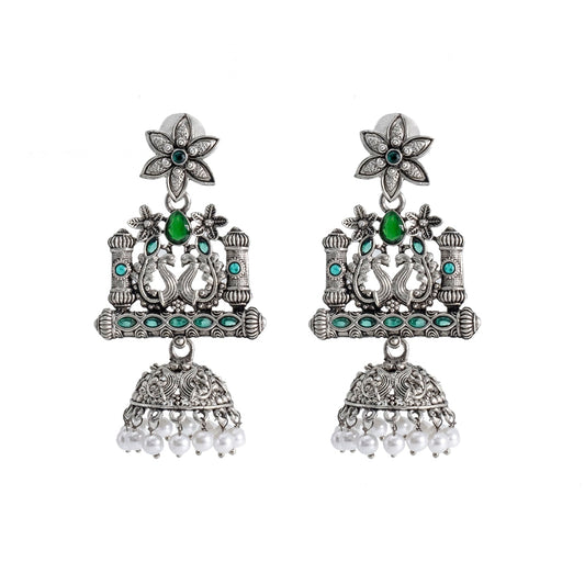 Shining Jewel Traditional Indian Antique Silver Oxidised CZ, Crystal Studded Drop Peacock Jhumka Earring For Women - Silver, Green (SJE_120_S_G)