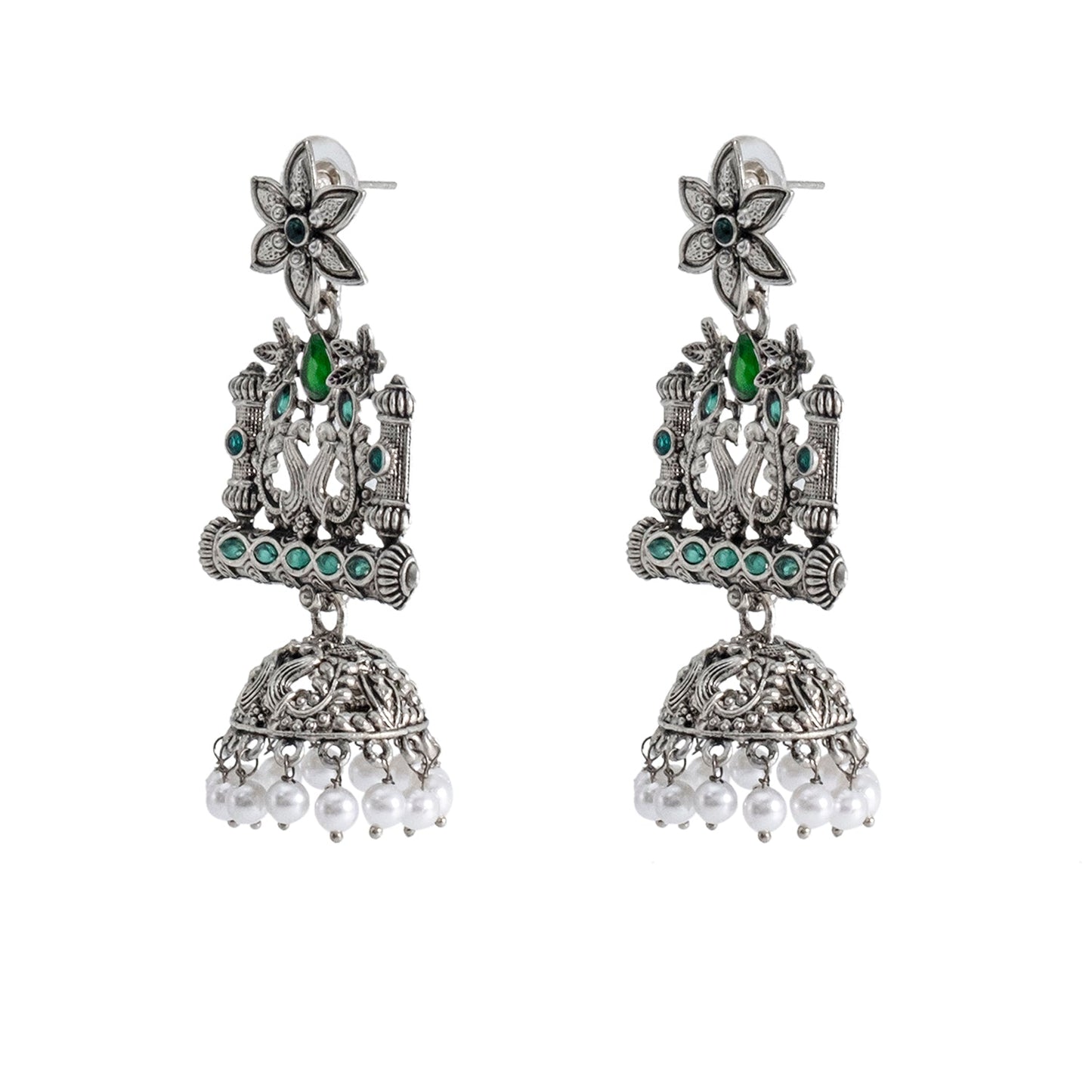 Shining Jewel Traditional Indian Antique Silver Oxidised CZ, Crystal Studded Drop Peacock Jhumka Earring For Women - Silver, Green (SJE_120_S_G)