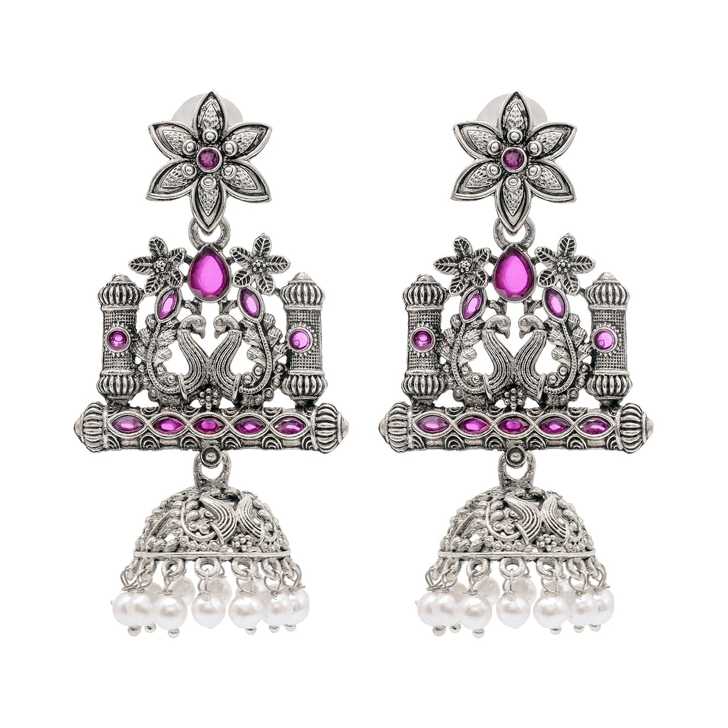 Shining Jewel Traditional Indian Antique Silver Oxidised CZ, Crystal Studded Drop Peacock Jhumka Earring For Women - Silver Maroon (SJE_120_S_M)