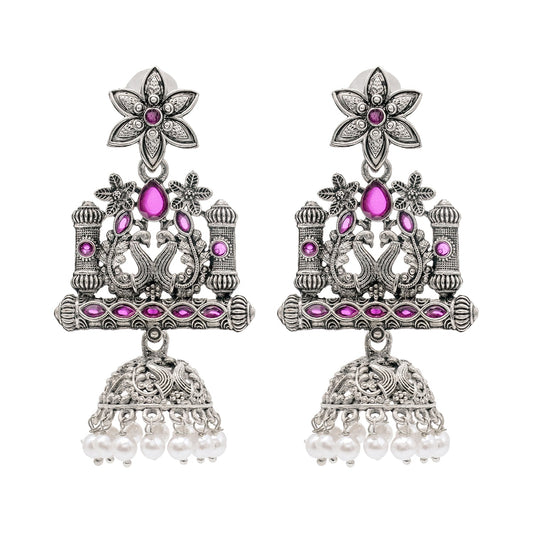 Shining Jewel Traditional Indian Antique Silver Oxidised CZ, Crystal Studded Drop Peacock Jhumka Earring For Women - Silver Maroon (SJE_120_S_M)