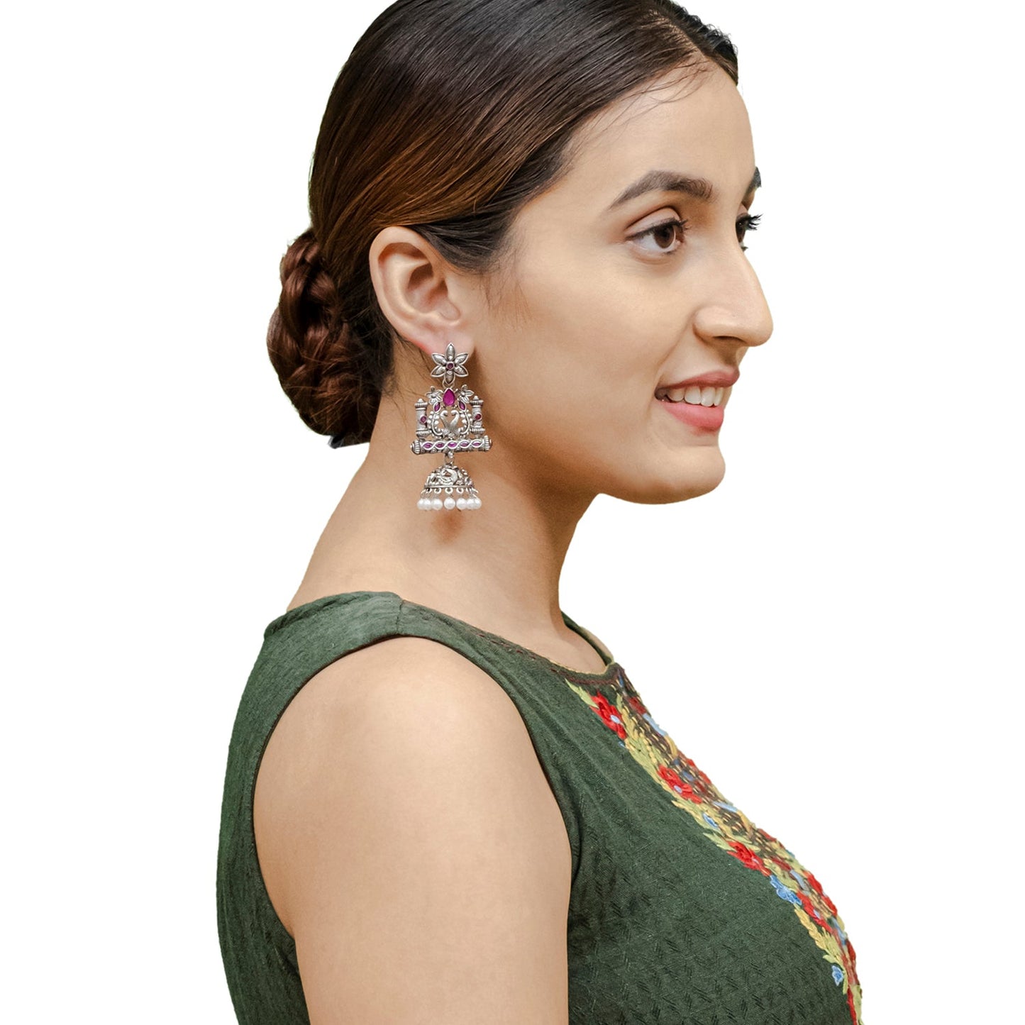 Shining Jewel Traditional Indian Antique Silver Oxidised CZ, Crystal Studded Drop Peacock Jhumka Earring For Women - Silver Maroon (SJE_120_S_M)