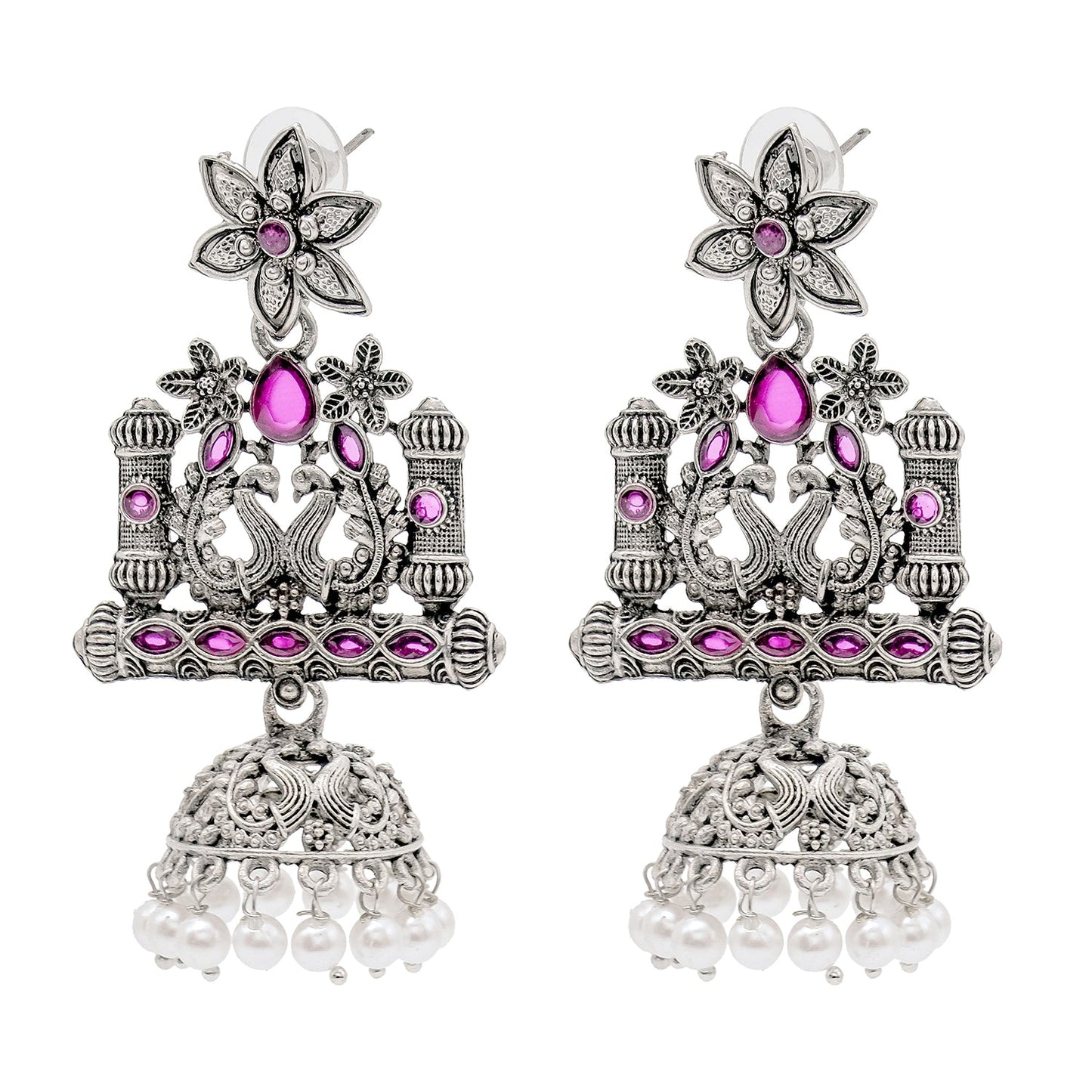 Shining Jewel Traditional Indian Antique Silver Oxidised CZ, Crystal Studded Drop Peacock Jhumka Earring For Women - Silver Maroon (SJE_120_S_M)