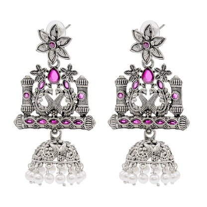 Shining Jewel Traditional Indian Antique Silver Oxidised CZ, Crystal Studded Drop Peacock Jhumka Earring For Women - Silver Maroon (SJE_120_S_M)