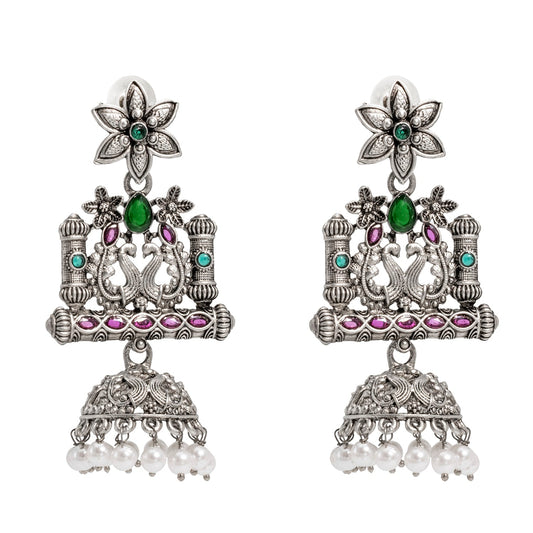 Shining Jewel Traditional Indian Antique Silver Oxidised CZ, Crystal Studded Drop Peacock Jhumka Earring For Women - Silver Ruby Green (SJE_120_S_R_G)