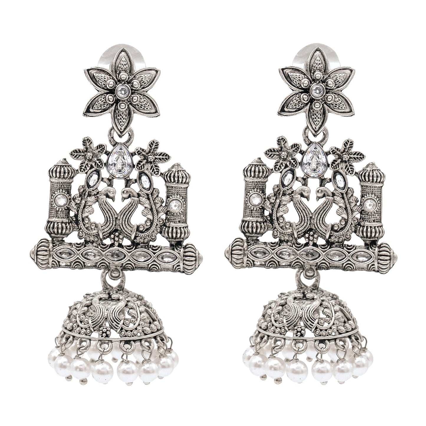 Shining Jewel Traditional Indian Antique Silver Oxidised CZ, Crystal Studded Drop Peacock Jhumka Earring For Women - Silver White (SJE_120_S_W)