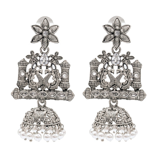 Shining Jewel Traditional Indian Antique Silver Oxidised CZ, Crystal Studded Drop Peacock Jhumka Earring For Women - Silver White (SJE_120_S_W)