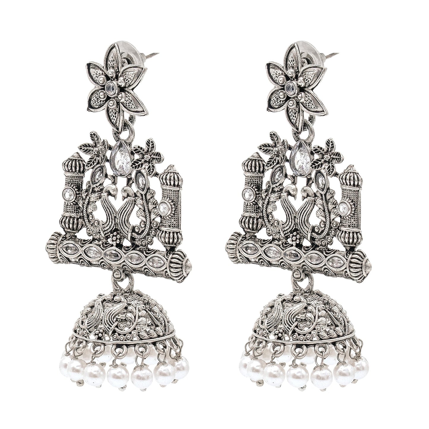 Shining Jewel Traditional Indian Antique Silver Oxidised CZ, Crystal Studded Drop Peacock Jhumka Earring For Women - Silver White (SJE_120_S_W)