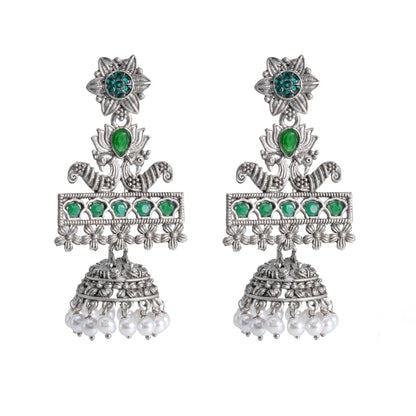 Traditional Indian Antique Silver Oxidised CZ Crystal Studded Lotus Peacock Drop Jhumka Earring For Women - Silver White (SJE_121_S_W)