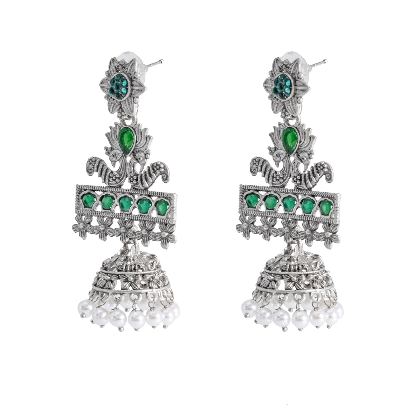 Traditional Indian Antique Silver Oxidised CZ Crystal Studded Lotus Peacock Drop Jhumka Earring For Women - Silver White (SJE_121_S_W)