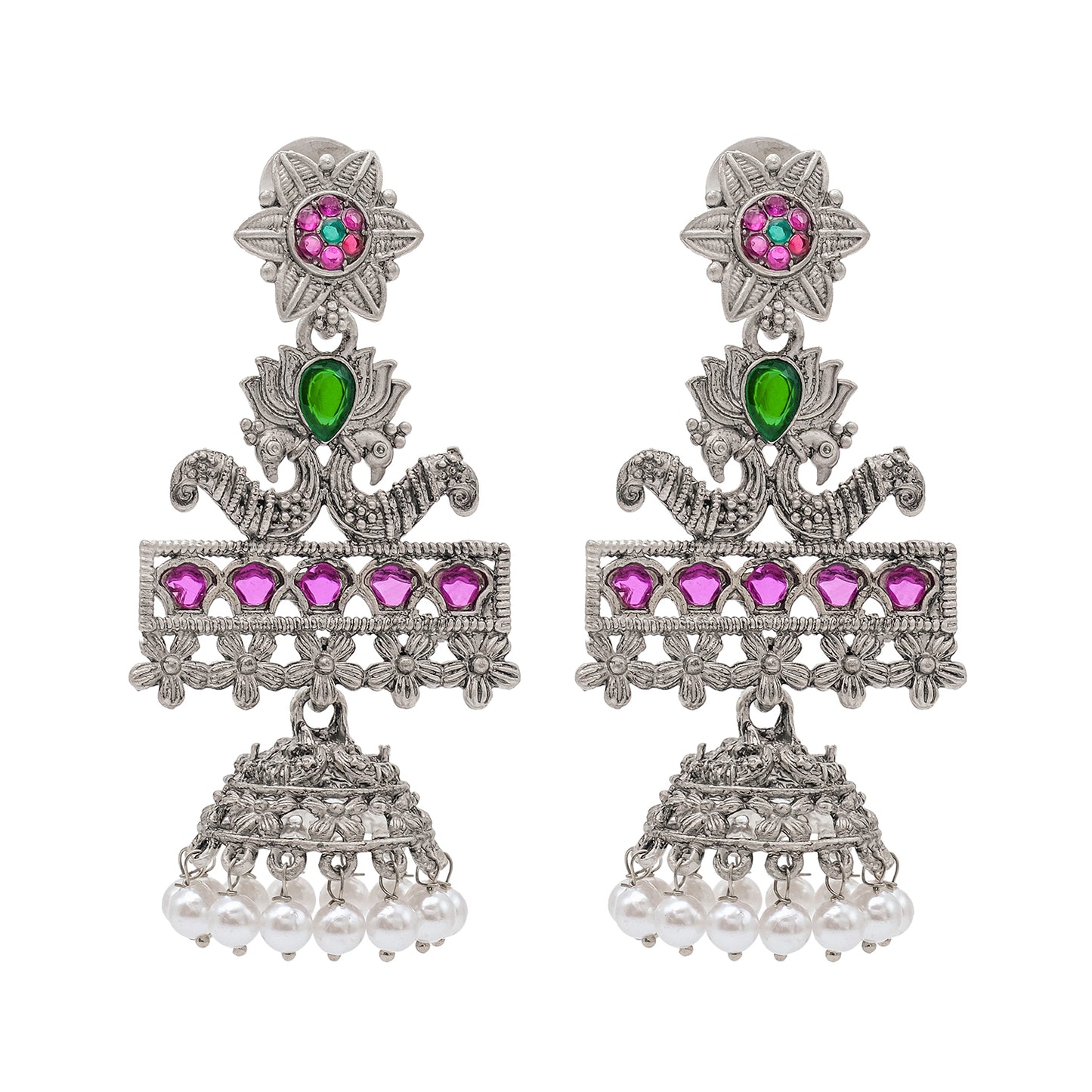 Traditional Indian Antique Silver Oxidised CZ Crystal Studded Lotus Peacock Drop Jhumka Earring For Women - Silver White (SJE_121_S_W)