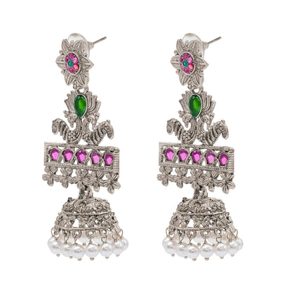 Traditional Indian Antique Silver Oxidised CZ Crystal Studded Lotus Peacock Drop Jhumka Earring For Women - Silver White (SJE_121_S_W)