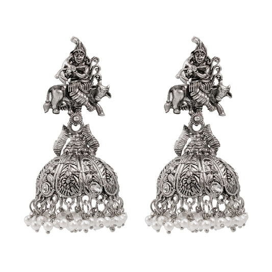 Shining Jewel Traditional Indian Matte Silver Oxidised CZ, Crystal Studded Temple Jhumka Earring For Women - Silver White (SJE_122_S_W)