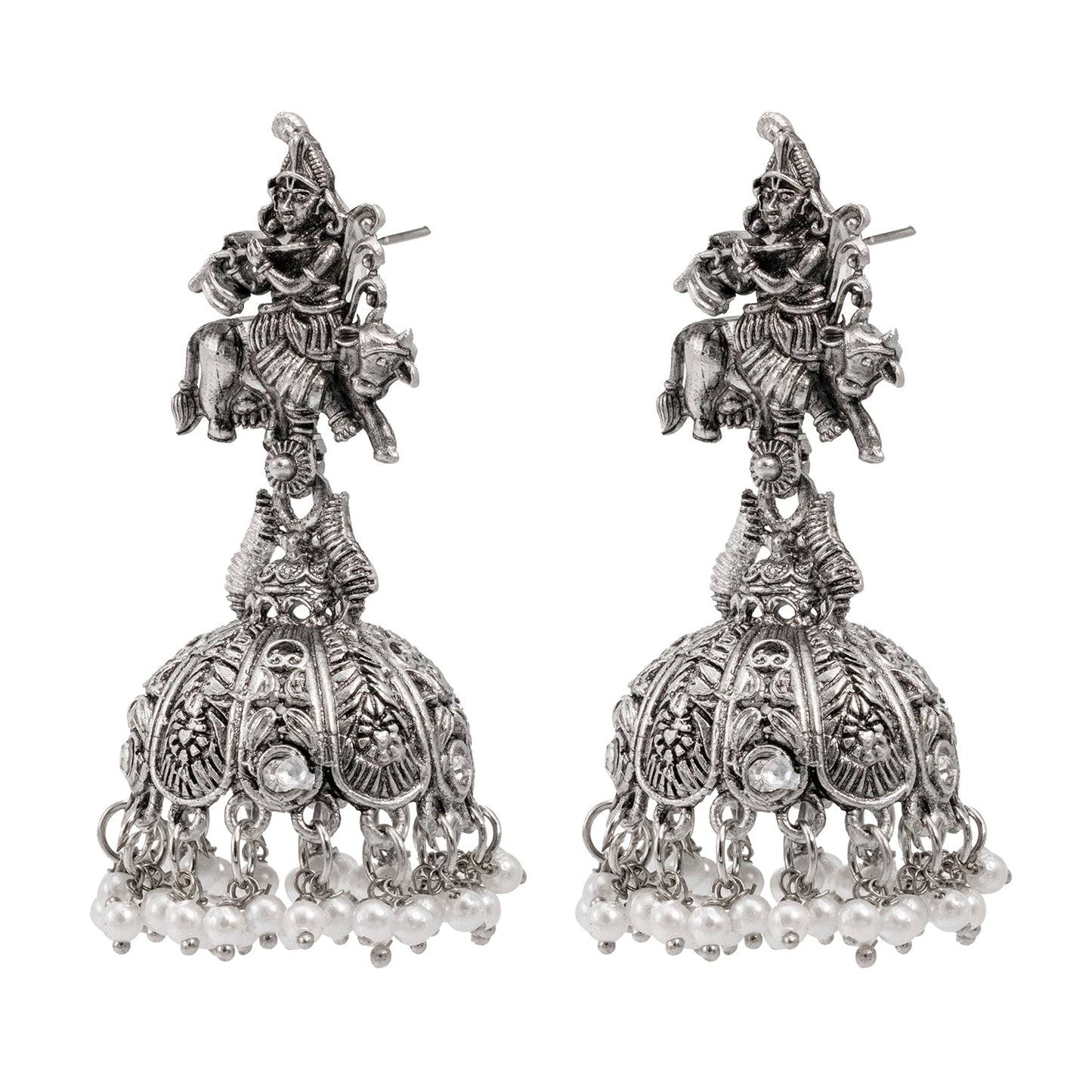 Shining Jewel Traditional Indian Matte Silver Oxidised CZ, Crystal Studded Temple Jhumka Earring For Women - Silver White (SJE_122_S_W)