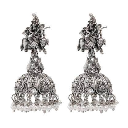 Shining Jewel Traditional Indian Matte Silver Oxidised CZ, Crystal Studded Temple Jhumka Earring For Women - Silver White (SJE_122_S_W)