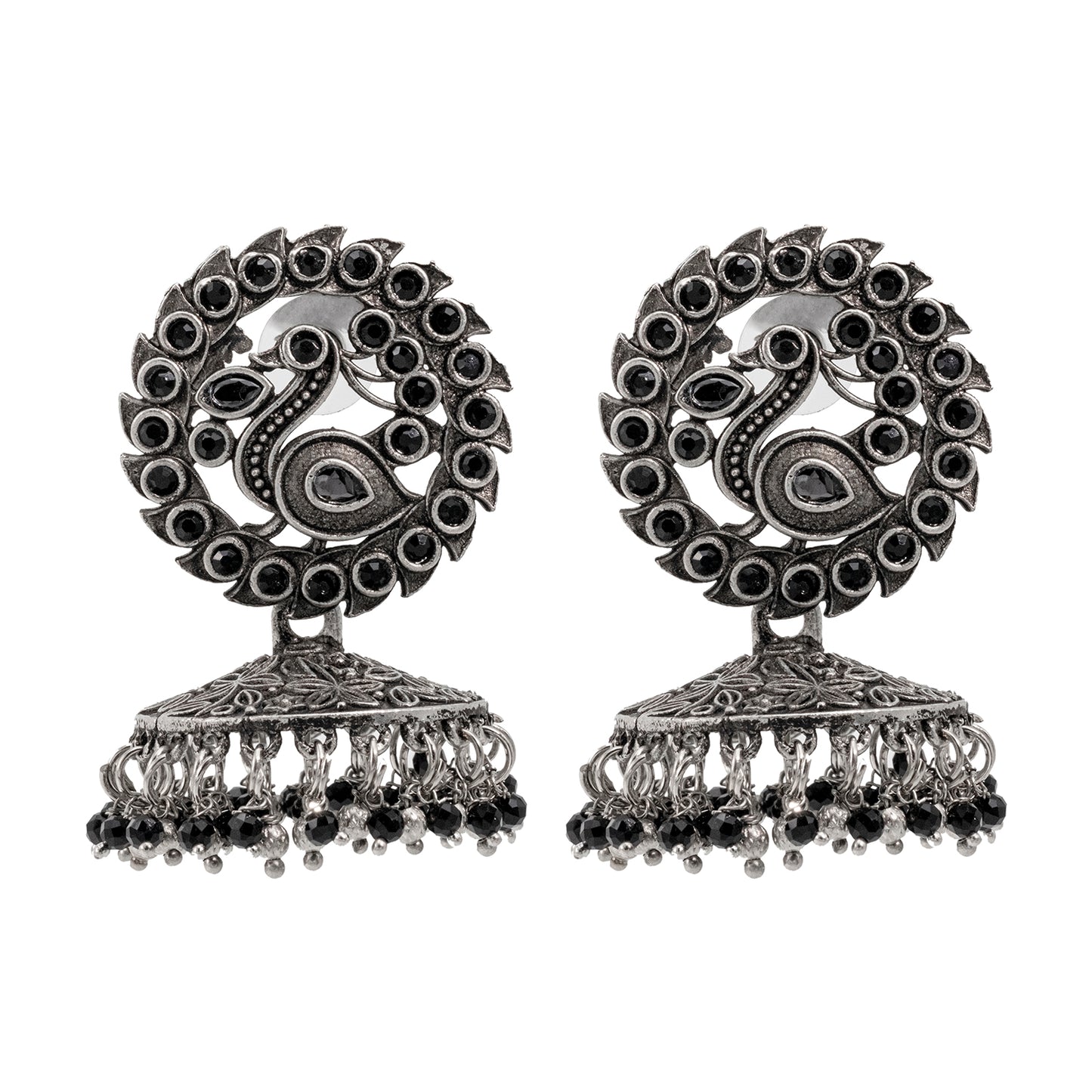 Traditional Indian Matte Silver Oxidised CZ Crystal Studded Peacock Jhumka Earring For Women - Silver Maroon (SJE_123_S_M)