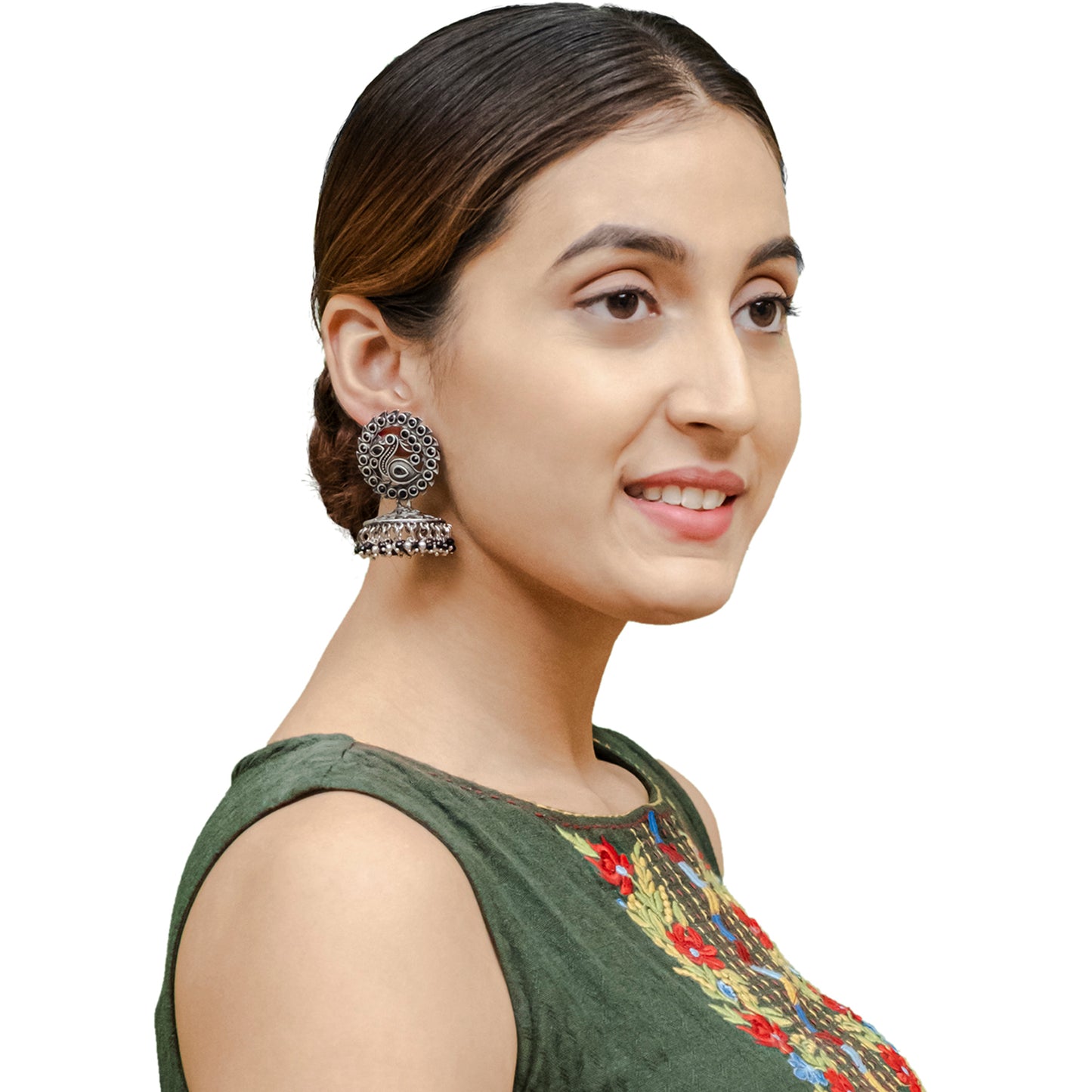 Traditional Indian Matte Silver Oxidised CZ Crystal Studded Peacock Jhumka Earring For Women - Silver Maroon (SJE_123_S_M)