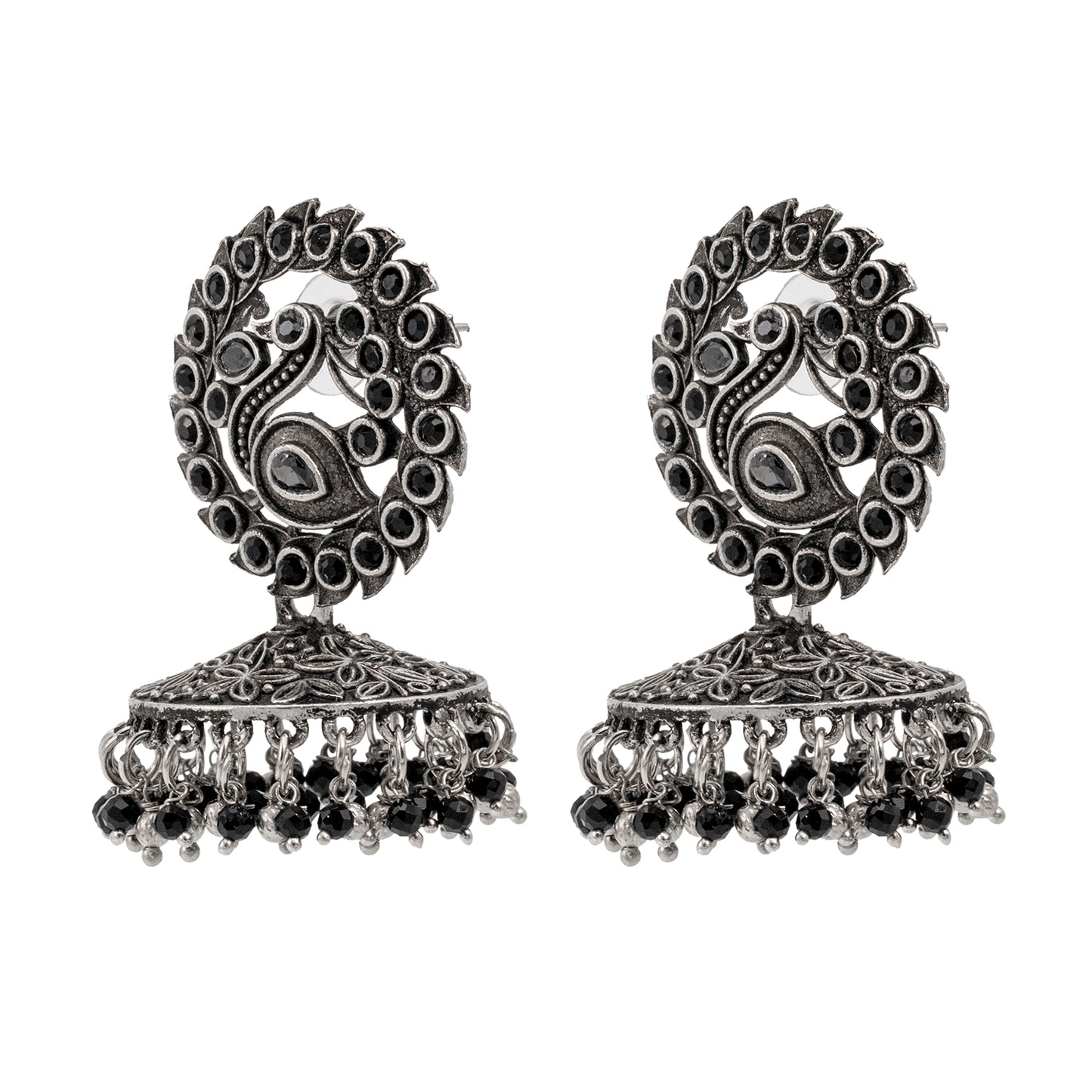 Traditional Indian Matte Silver Oxidised CZ Crystal Studded Peacock Jhumka Earring For Women - Silver Maroon (SJE_123_S_M)