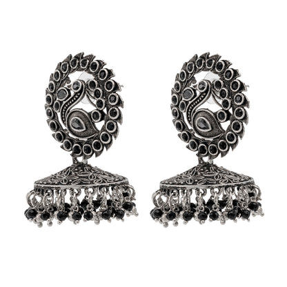 Traditional Indian Matte Silver Oxidised CZ Crystal Studded Peacock Jhumka Earring For Women - Silver Maroon (SJE_123_S_M)