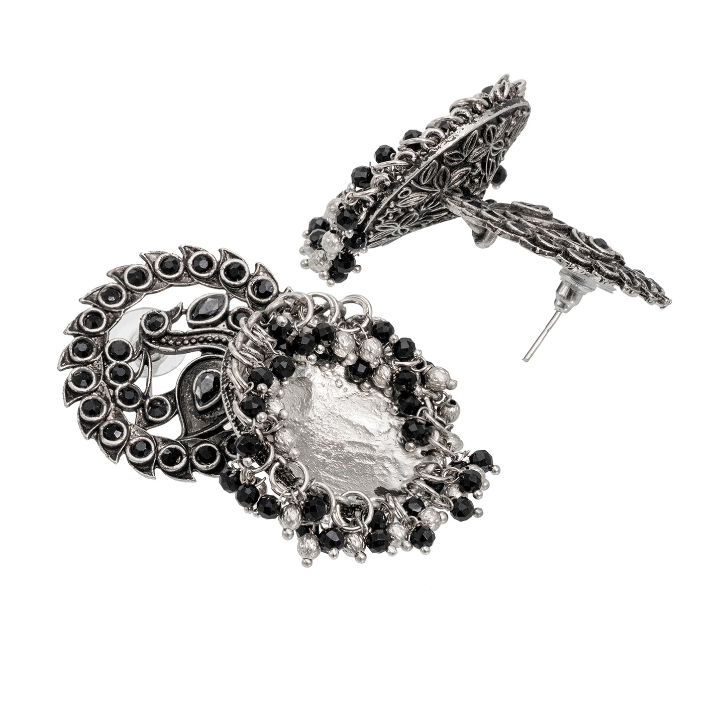 Traditional Indian Matte Silver Oxidised CZ Crystal Studded Peacock Jhumka Earring For Women - Silver Maroon (SJE_123_S_M)