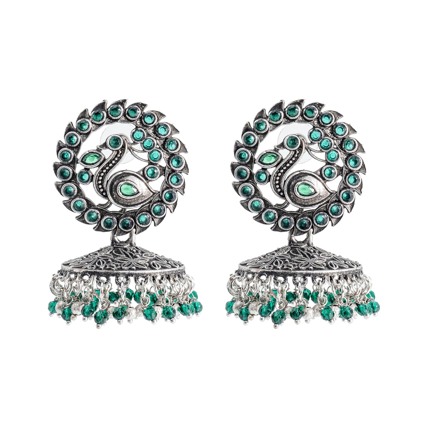 Traditional Indian Matte Silver Oxidised CZ Crystal Studded Peacock Jhumka Earring For Women - Silver Maroon (SJE_123_S_M)