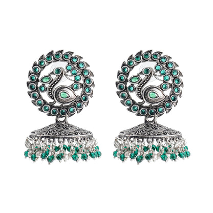 Traditional Indian Matte Silver Oxidised CZ Crystal Studded Peacock Jhumka Earring For Women - Silver Maroon (SJE_123_S_M)