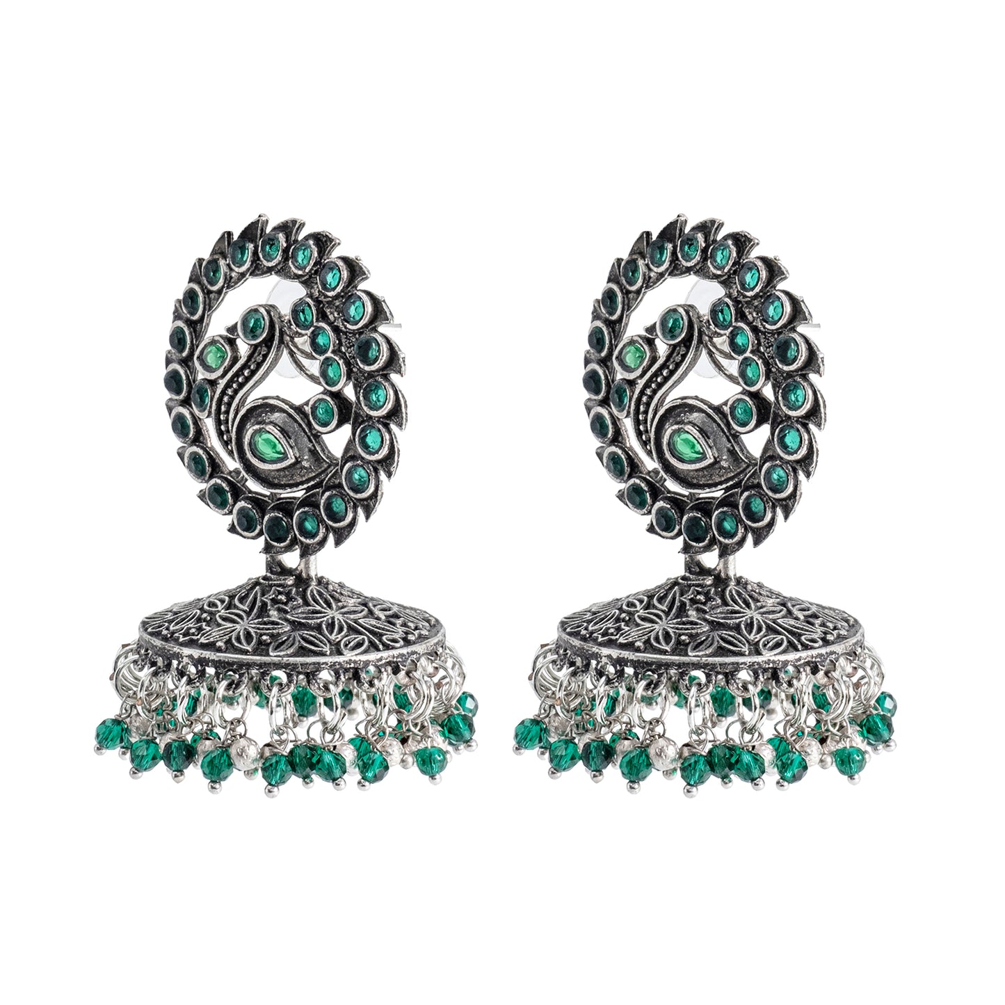 Traditional Indian Matte Silver Oxidised CZ Crystal Studded Peacock Jhumka Earring For Women - Silver Maroon (SJE_123_S_M)