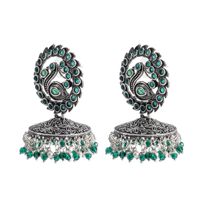 Traditional Indian Matte Silver Oxidised CZ Crystal Studded Peacock Jhumka Earring For Women - Silver Maroon (SJE_123_S_M)