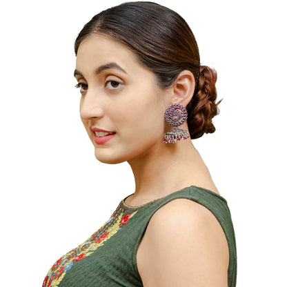 Traditional Indian Matte Silver Oxidised CZ Crystal Studded Peacock Jhumka Earring For Women - Silver Maroon (SJE_123_S_M)