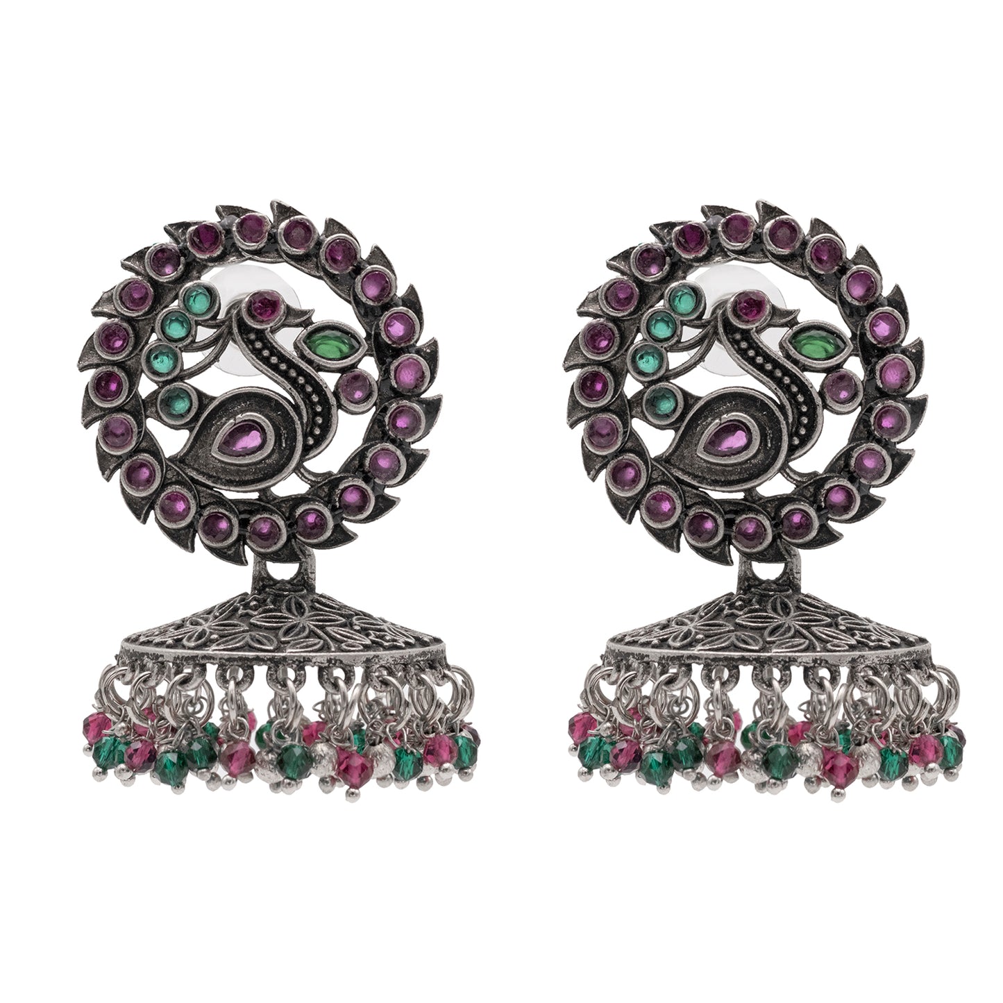 Traditional Indian Matte Silver Oxidised CZ Crystal Studded Peacock Jhumka Earring For Women - Silver Maroon (SJE_123_S_M)