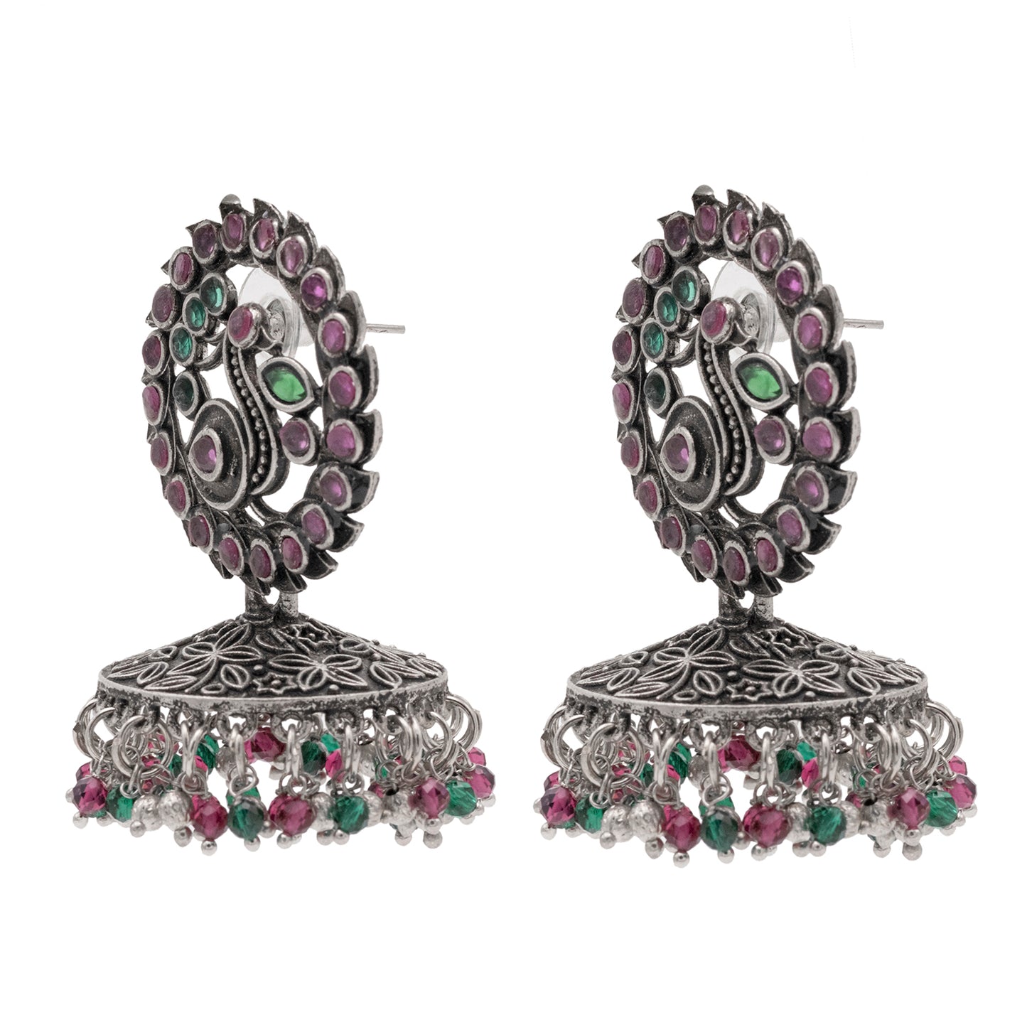 Traditional Indian Matte Silver Oxidised CZ Crystal Studded Peacock Jhumka Earring For Women - Silver Maroon (SJE_123_S_M)